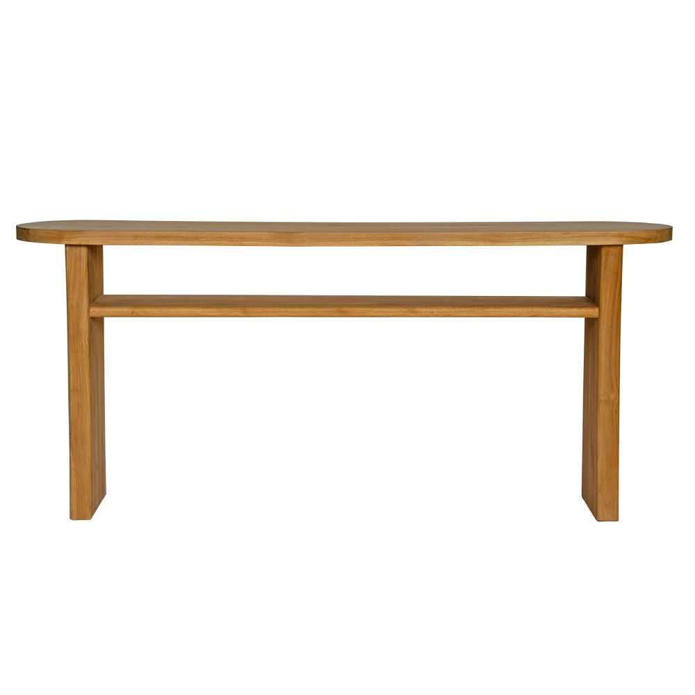 Budapest Console crafted from solid teak. Featuring  an added shelf, 2 solid legs and solid top with rounded ends. Colour Natural Teak. Measures 1800 Wide X 400 Depth X 800 Height. Front Plain.