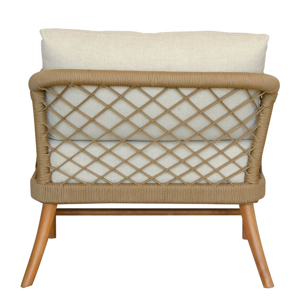 The Camellia Occasional Chair. Made with sustainable solid teak frame, with rope, and UV resistant cotton twill cushions. This occasional chair exudes style while providing comfort and durability. Measures 770 Wide X 800 Depth X 700 Back Height - 470 Seat Height. Back.