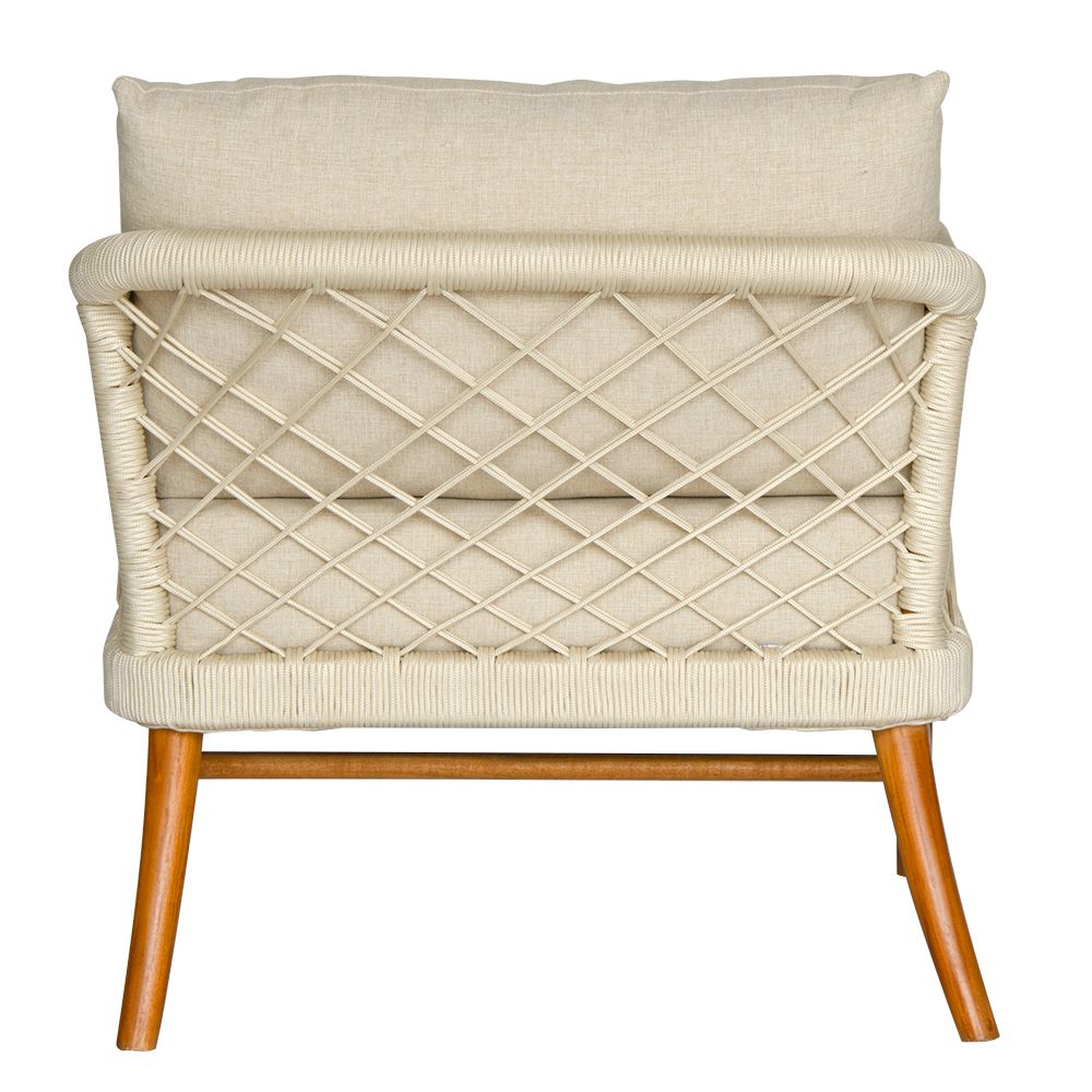 The Camellia Occasional Chair. Made with sustainable solid teak frame, with rope, and UV resistant cotton twill cushions. This occasional chair exudes style while providing comfort and durability. Measures 770 Wide X 800 Depth X 700 Back Height - 470 Seat Height. Back.