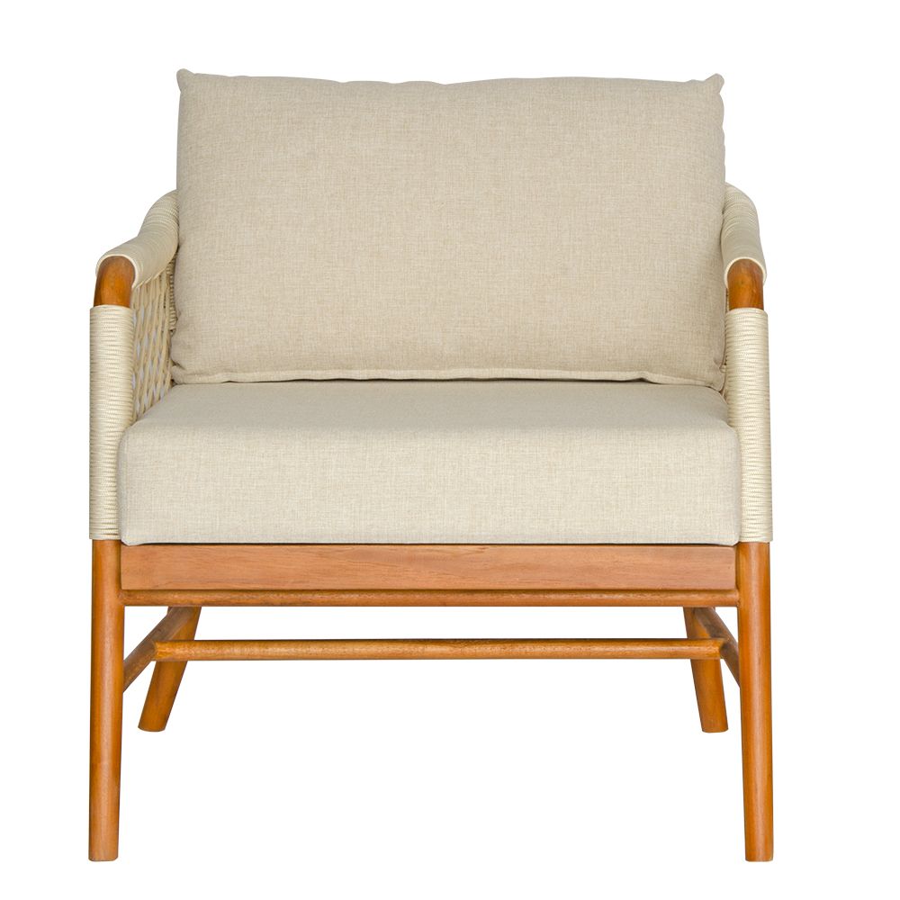 The Camellia Occasional Chair. Made with sustainable solid teak frame, with rope, and UV resistant cotton twill cushions. This occasional chair exudes style while providing comfort and durability. Measures 770 Wide X 800 Depth X 700 Back Height - 470 Seat Height. Front.