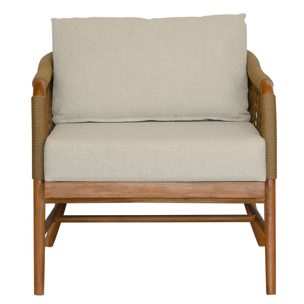 The Camellia Occasional Chair. Made with sustainable solid teak frame, with rope, and UV resistant cotton twill cushions. This occasional chair exudes style while providing comfort and durability. Measures 770 Wide X 800 Depth X 700 Back Height - 470 Seat Height. Front.