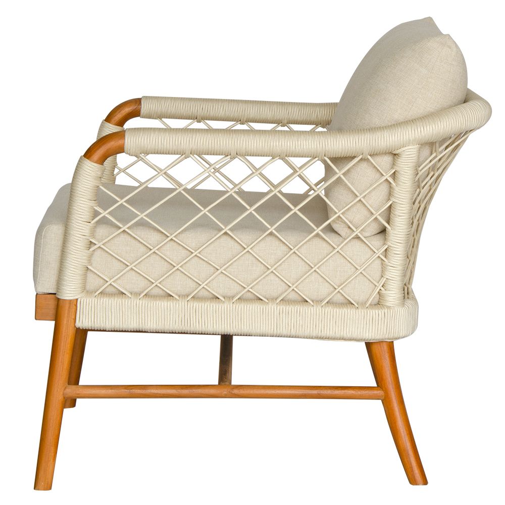 The Camellia Occasional Chair. Made with sustainable solid teak frame, with rope, and UV resistant cotton twill cushions. This occasional chair exudes style while providing comfort and durability. Measures 770 Wide X 800 Depth X 700 Back Height - 470 Seat Height. Side.