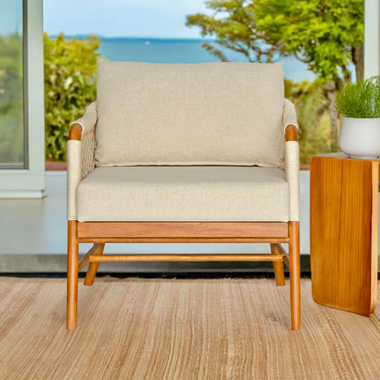The Camellia Occasional Chair. Made with sustainable solid teak frame, with rope, and UV resistant cotton twill cushions. This occasional chair exudes style while providing comfort and durability. Measures 770 Wide X 800 Depth X 700 Back Height - 470 Seat Height. Styled.