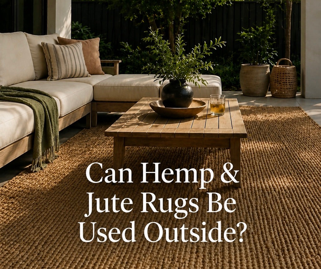 A Hemp rug styled in a outdoor alfresco area in a modern Australian home.