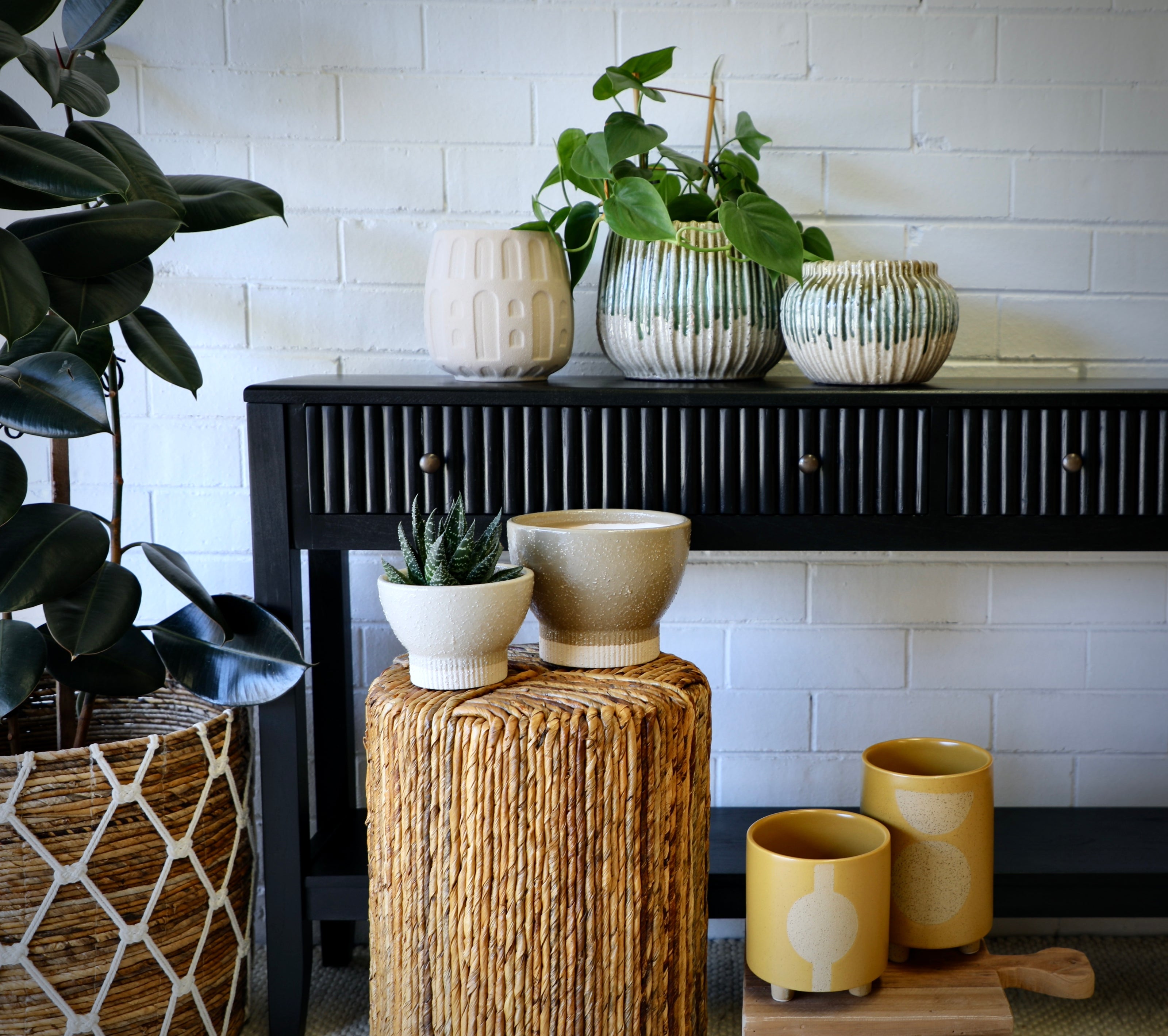 Ochoco Ceramic Pots, featured on Vienna 2 Drawer Black 1500 Console.