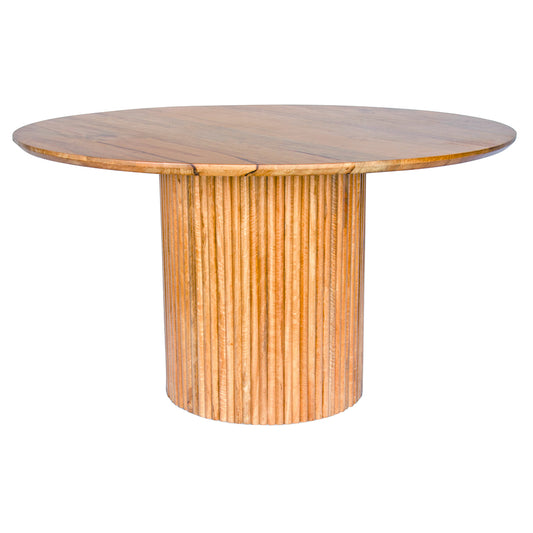 The Charles Dining Table is a contemporary round dining table. Featuring a sustainable Fruitwood top and slated column fruitwood base. Colour natural. Measures 1350 diameter X 760 height. Front Plain.