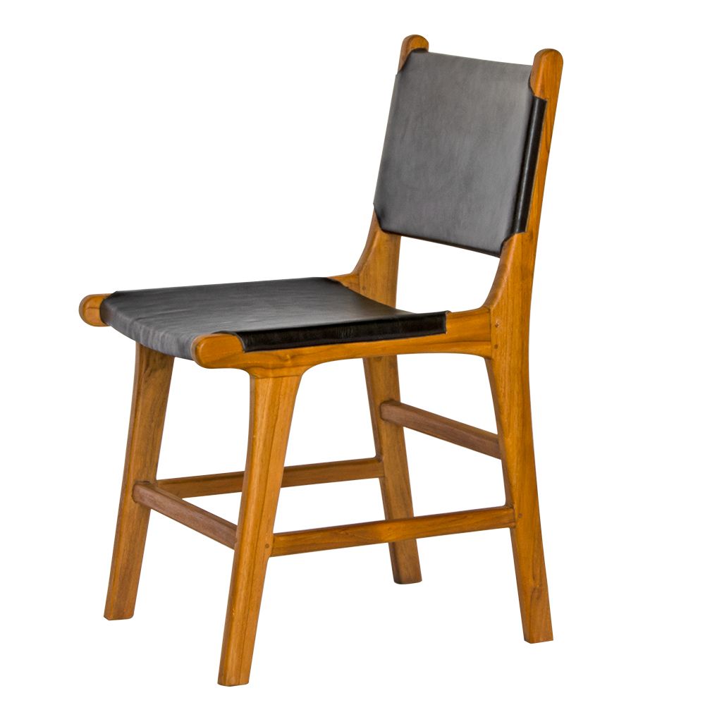 The Cherokee - Black Dining Chair is crafted from solid teak with a smooth black leather seat and back. Colours natural frame with black seat and back. Measures 560 Depth x 450 Wide x 500 Seat Height. Back height 820. Angle.