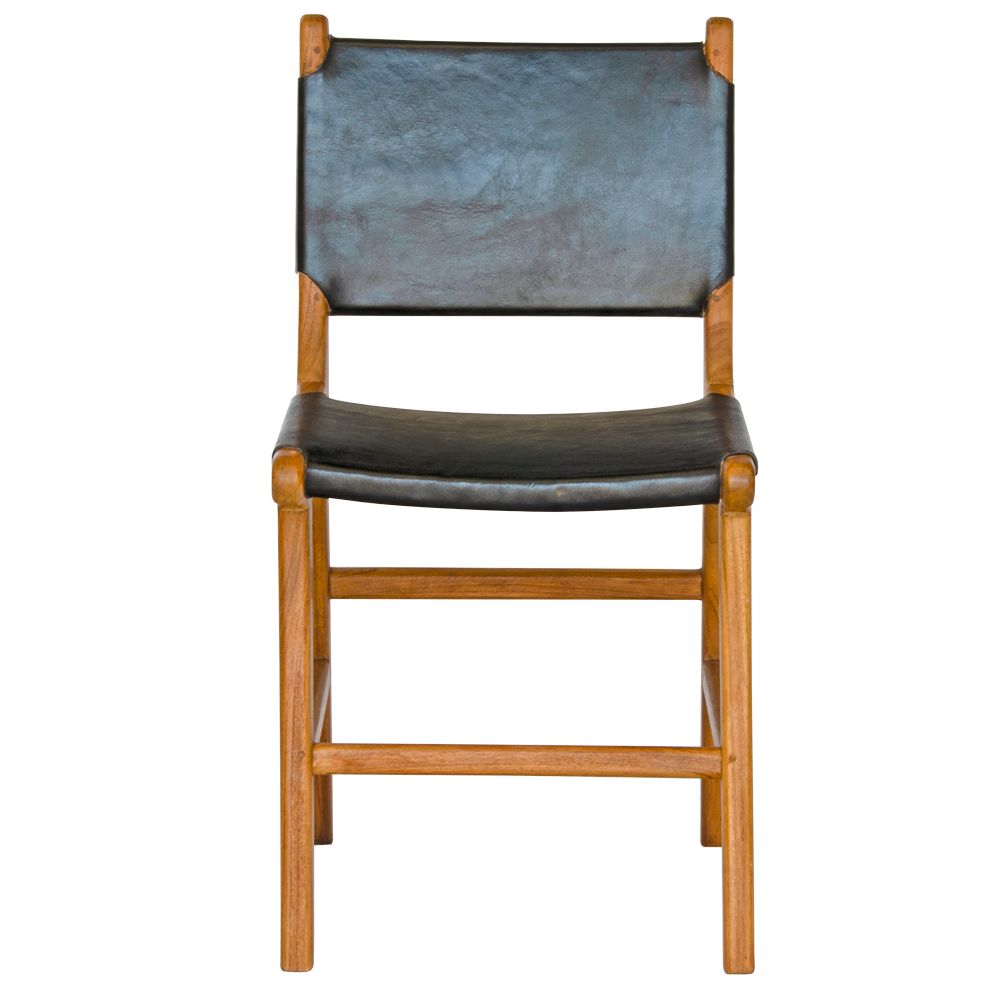 The Cherokee - Black Dining Chair is crafted from solid teak with a smooth black leather seat and back. Colours natural frame with black seat and back. Measures 560 Depth x 450 Wide x 500 Seat Height. Back height 820. Front Plain.