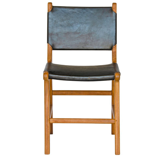 The Cherokee - Black Dining Chair is crafted from solid teak with a smooth black leather seat and back. Colours natural frame with black seat and back. Measures 560 Depth x 450 Wide x 500 Seat Height. Back height 820. Front Plain.