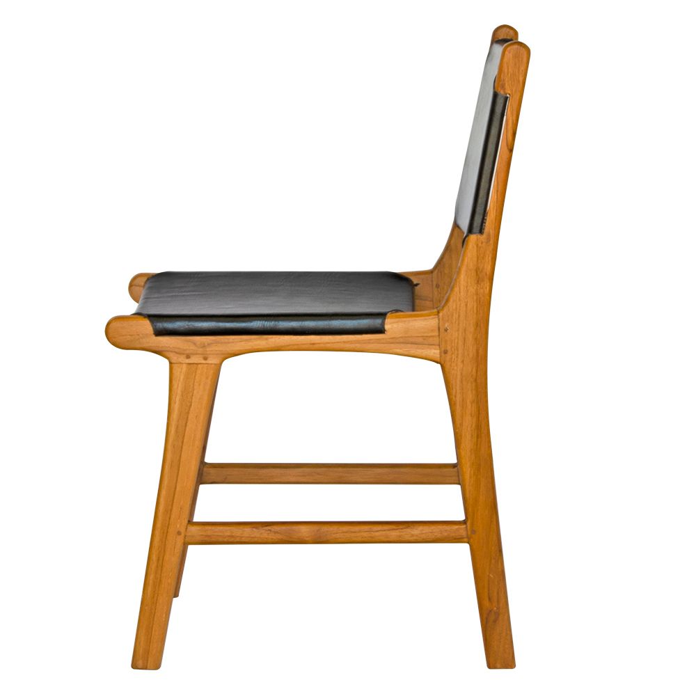 The Cherokee - Black Dining Chair is crafted from solid teak with a smooth black leather seat and back. Colours natural frame with black seat and back. Measures 560 Depth x 450 Wide x 500 Seat Height. Back height 820. Side.
