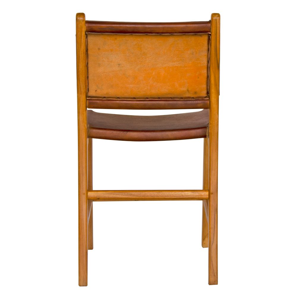 The Cherokee - Brown Dining Chair is crafted from solid teak with a smooth Brown leather seat and back. Colours natural frame with Brown seat and back. Measures 560 Depth x 450 Wide x 500 Seat Height. Back height 820. Back.