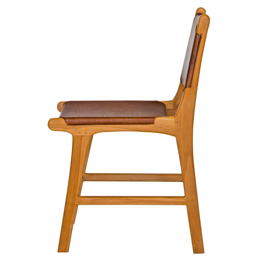 The Cherokee - Brown Dining Chair is crafted from solid teak with a smooth Brown leather seat and back. Colours natural frame with Brown seat and back. Measures 560 Depth x 450 Wide x 500 Seat Height. Back height 820. Side.