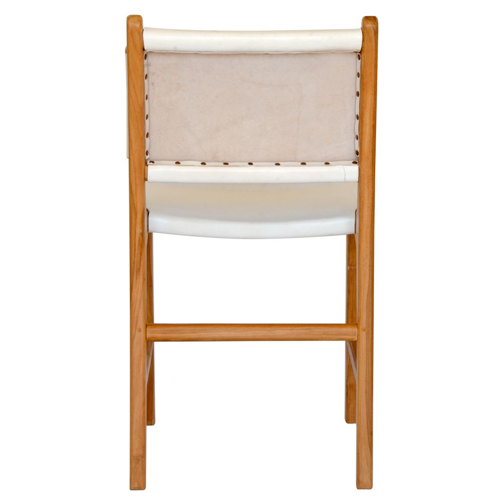 The Cherokee - White Dining Chair is crafted from solid teak with a smooth white leather seat and back. Colours natural frame with white seat and back. Measures 560 Depth x 450 Wide x 500 Seat Height. Back height 820. Back.