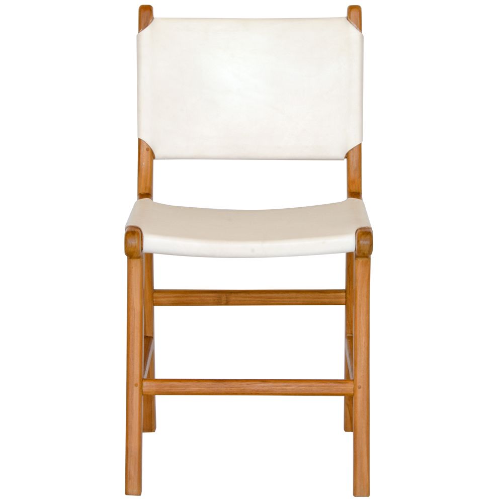 The Cherokee - White Dining Chair is crafted from solid teak with a smooth white leather seat and back. Colours natural frame with white seat and back. Measures 560 Depth x 450 Wide x 500 Seat Height. Back height 820. Front Plain.