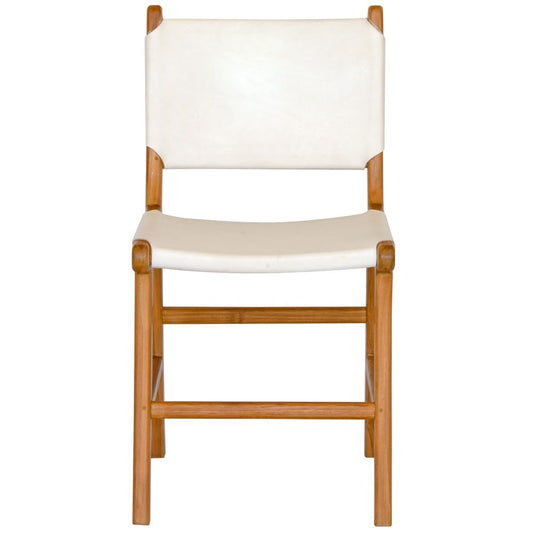 The Cherokee - White Dining Chair is crafted from solid teak with a smooth white leather seat and back. Colours natural frame with white seat and back. Measures 560 Depth x 450 Wide x 500 Seat Height. Back height 820. Front Plain.