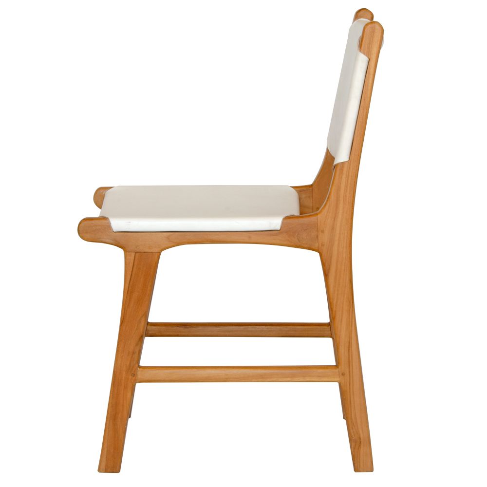 The Cherokee - White Dining Chair is crafted from solid teak with a smooth white leather seat and back. Colours natural frame with white seat and back. Measures 560 Depth x 450 Wide x 500 Seat Height. Back height 820. Side.