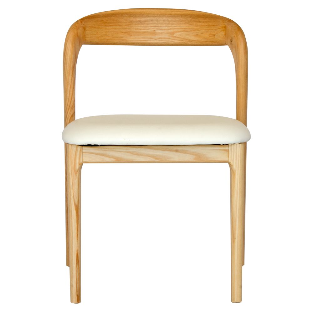 The Cheyenne Natural and White dining chair features a modern style and design. Crafted with a solid ash frame and a smooth padded tan polyurethane seat. Colour Natural Frame with White seat. Measures 500 wide X 520 depth X 460 Seat height. Back height 750. Front Plain.