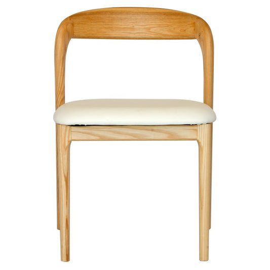 The Cheyenne Natural and White dining chair features a modern style and design. Crafted with a solid ash frame and a smooth padded tan polyurethane seat. Colour Natural Frame with White seat. Measures 500 wide X 520 depth X 460 Seat height. Back height 750. Front Plain.