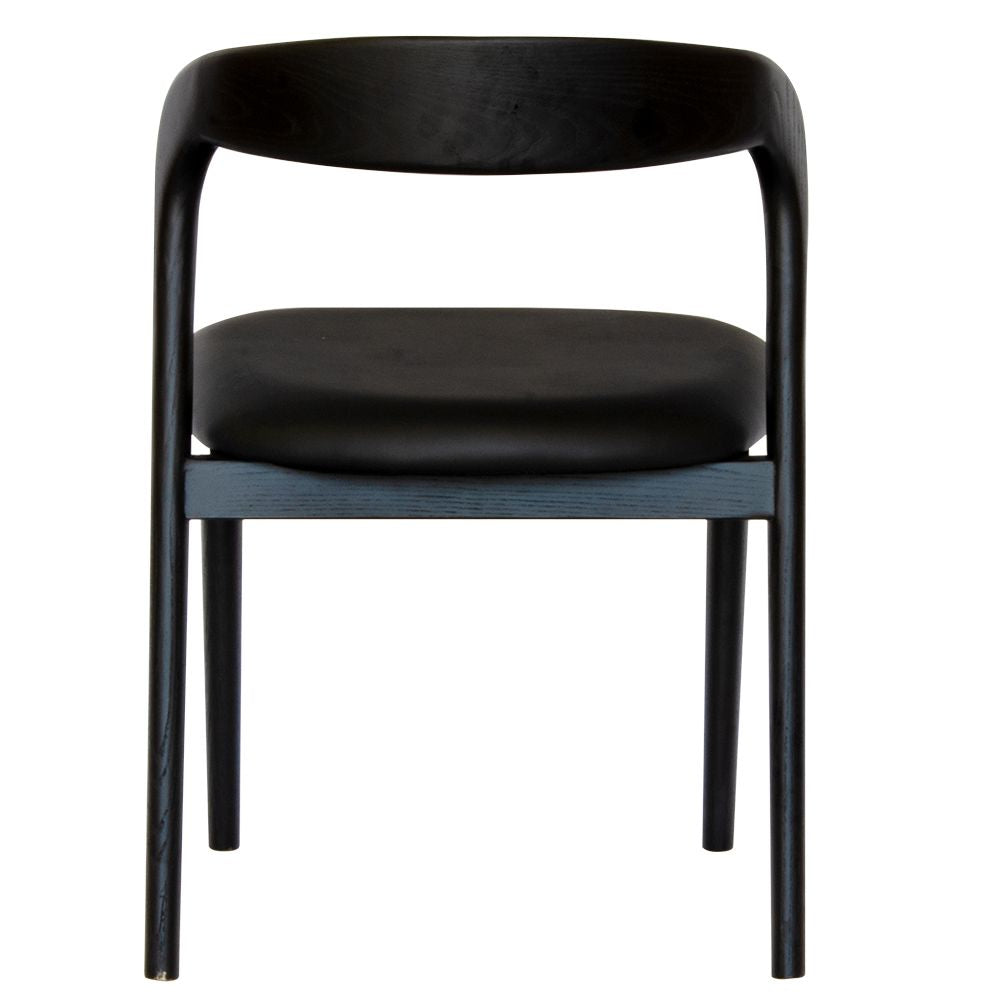 The Cheyenne Black dining chair features a modern style and design. Crafted with a solid ash frame and a smooth padded grey polyurethane seat. Colour Black Frame with black seat. Measures 500 wide X 520 depth X 460 Seat height. Back height 750. Back.