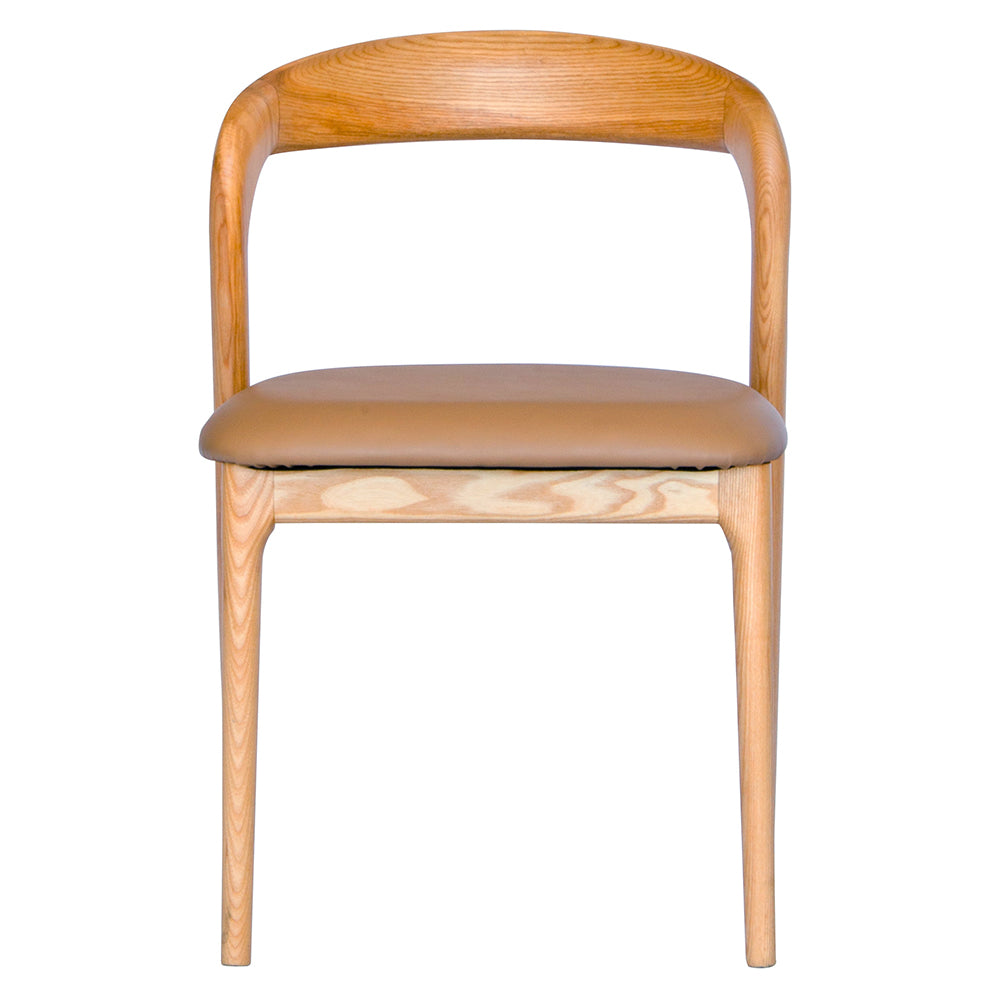 The Cheyenne Natural and Tan dining chair features a modern style and design. Crafted with a solid ash frame and a smooth padded tan polyurethane seat. Colour Natural Frame with Tan seat. Measures 500 wide X 520 depth X 460 Seat height. Back height 750. Front Plain.