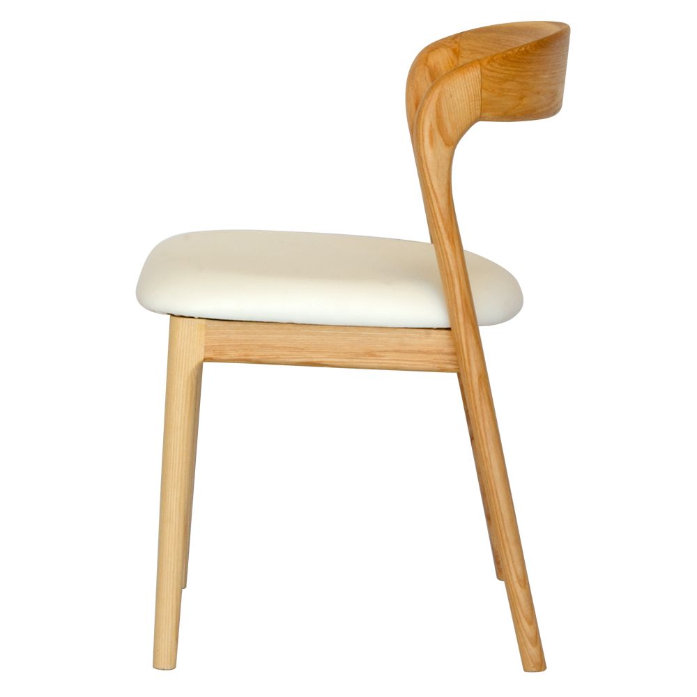 The Cheyenne Natural and White dining chair features a modern style and design. Crafted with a solid ash frame and a smooth padded tan polyurethane seat. Colour Natural Frame with White seat. Measures 500 wide X 520 depth X 460 Seat height. Back height 750. Side.