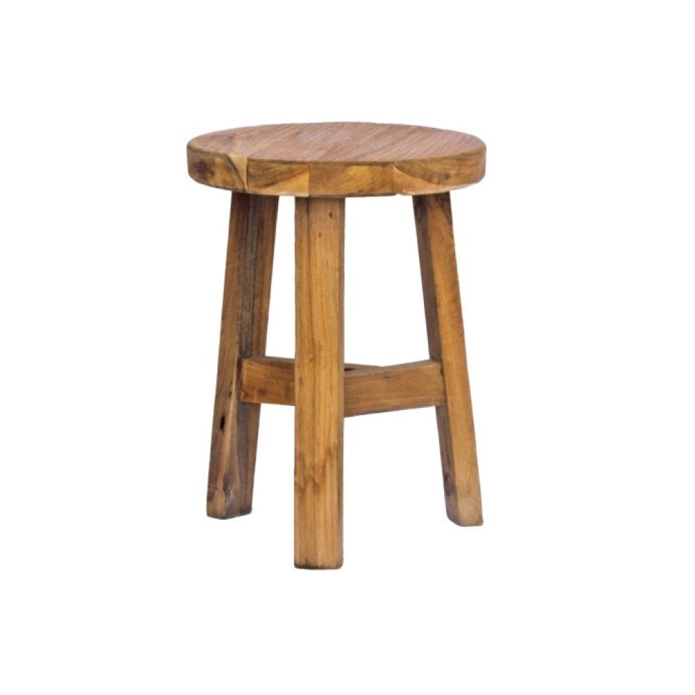 Chitose Round rustic stool. Handcrafted from durable, reclaimed teak, it adds a touch of rustic charm to any space and is built to last. Measures  350 Diameter X 460 Height. Front.