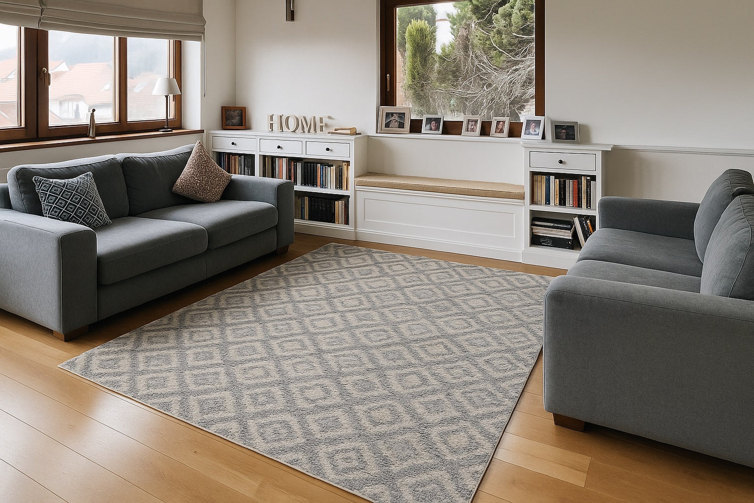 A styled polyester moroccan rug in a modern Perth home living room.