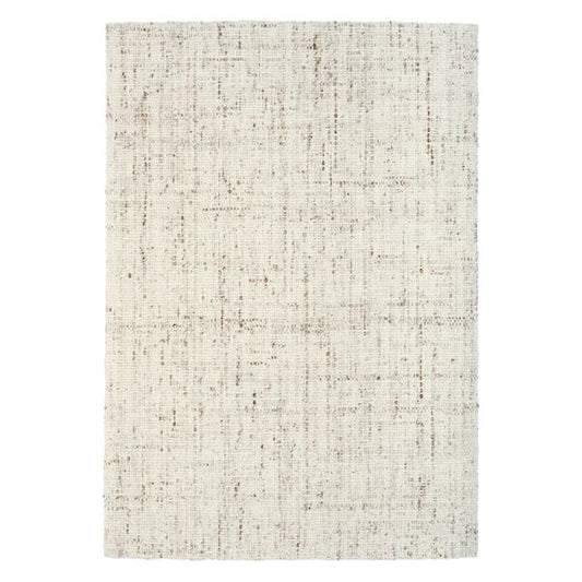 Cleo Beige hand-woven wool flatweave rug in an oatmeal neutral, with a flecked, cross-woven texture and flat woven border. 3 Sizes. Top view.