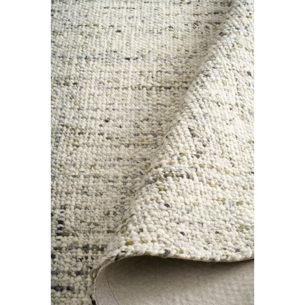 Cleo Green hand-woven wool flatweave rug in a muted olive tone, with a flecked, cross-woven texture and flat woven border. 3 Sizes. Roll view.