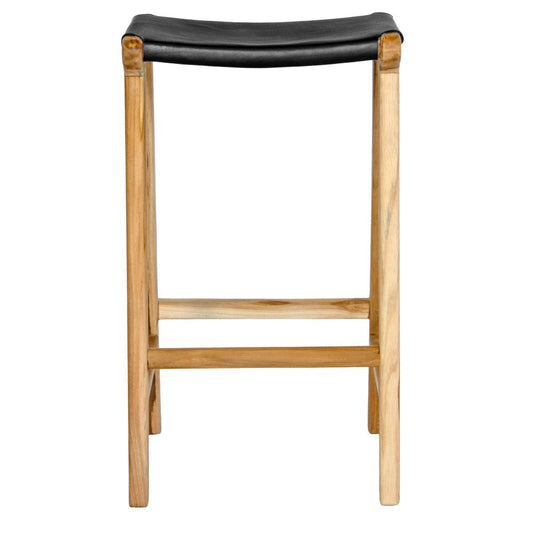The Columbia - Black Leather barstool features a lush leather seat and sustainable teak framed legs. Colour natural teak frame with white seat. Measures 400 wide X 400 depth X 650 Seat height. Front Plain.