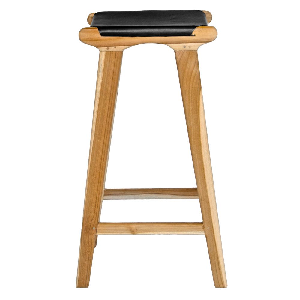 The Columbia - Black Leather barstool features a lush leather seat and sustainable teak framed legs. Colour natural teak frame with white seat. Measures 400 wide X 400 depth X 650 Seat height. Side.