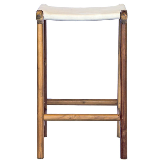The Columbia - White Leather barstool features a lush leather seat and sustainable teak framed legs. Colour natural teak frame with white seat. Measures 400 wide X 400 depth X 650 Seat height. Front Plain.