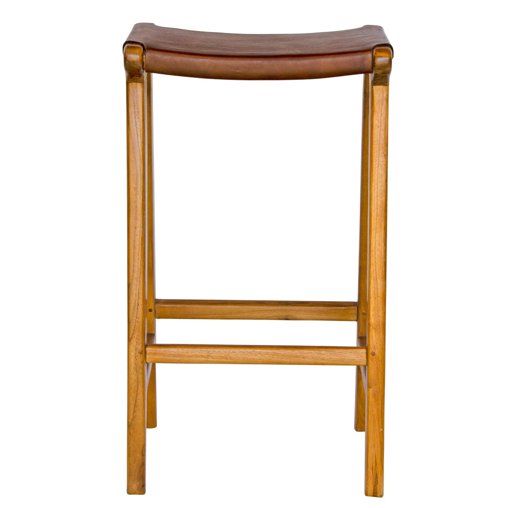 The Columbia - Brown Leather barstool features a lush leather seat and sustainable teak framed legs. Colour natural teak frame with brown leather seat. Measures 400 wide X 400 depth X 650 Seat height. Front Plain.