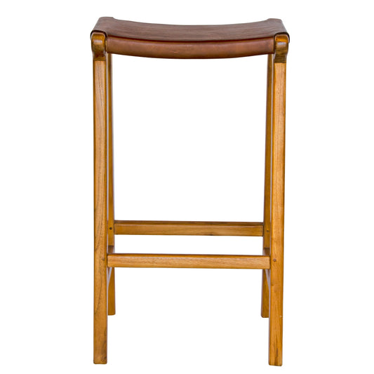The Columbia - Brown Leather barstool features a lush leather seat and sustainable teak framed legs. Colour natural teak frame with brown leather seat. Measures 400 wide X 400 depth X 650 Seat height. Front Plain.