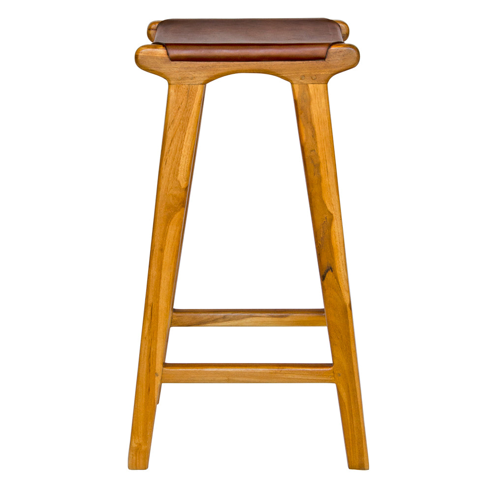 The Columbia - Brown Leather barstool features a lush leather seat and sustainable teak framed legs. Colour natural teak frame with brown leather seat. Measures 400 wide X 400 depth X 650 Seat height. Side Plain.