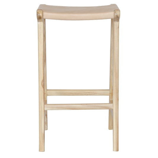 The Columbia - Natural Leather barstool features a lush leather seat and sustainable teak framed legs. Colour natural teak frame with light natural seat. Measures 400 wide X 400 depth X 650 Seat height. Front Plain.