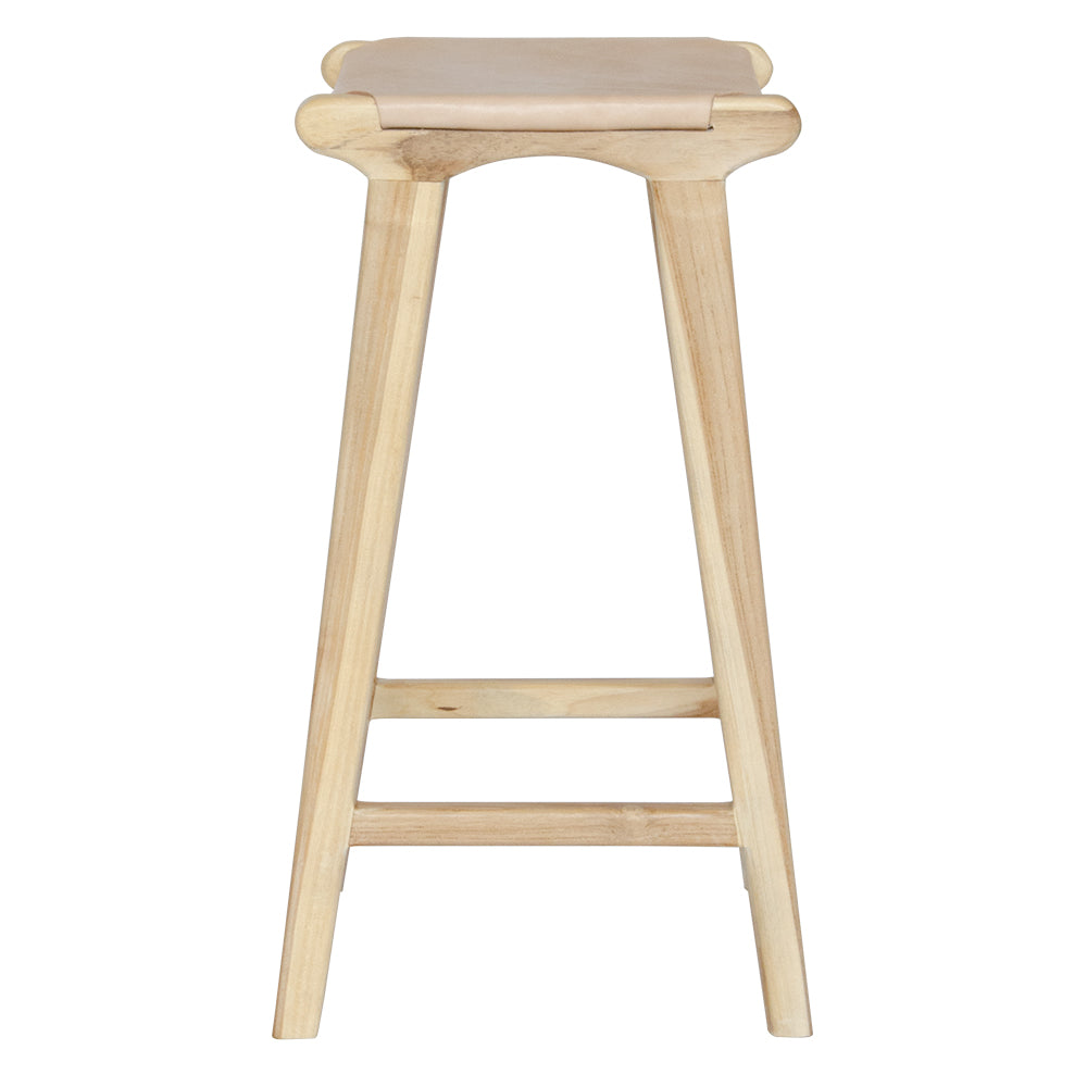 The Columbia - Natural Leather barstool features a lush leather seat and sustainable teak framed legs. Colour natural teak frame with light natural seat. Measures 400 wide X 400 depth X 650 Seat height. Side Plain.