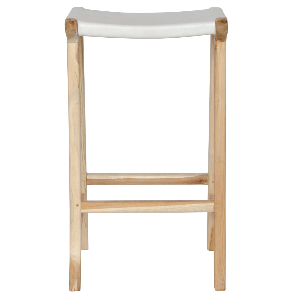 The Columbia - White Leather barstool features a lush leather seat and sustainable teak framed legs. Colour natural teak frame with white seat. Measures 400 wide X 400 depth X 650 Seat height. Front Plain.