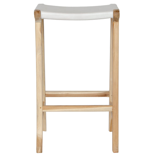 The Columbia - White Leather barstool features a lush leather seat and sustainable teak framed legs. Colour natural teak frame with white seat. Measures 400 wide X 400 depth X 650 Seat height. Front Plain.