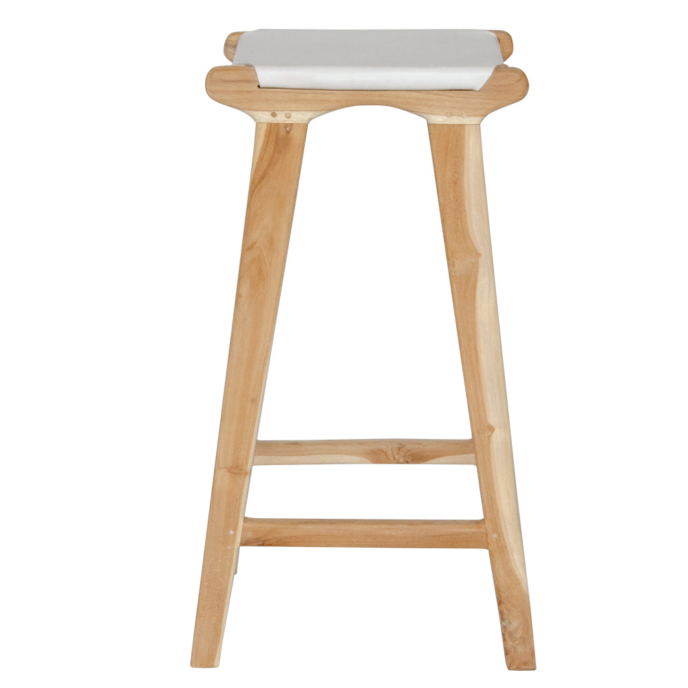 The Columbia - White Leather barstool features a lush leather seat and sustainable teak framed legs. Colour natural teak frame with white seat. Measures 400 wide X 400 depth X 650 Seat height. Side.