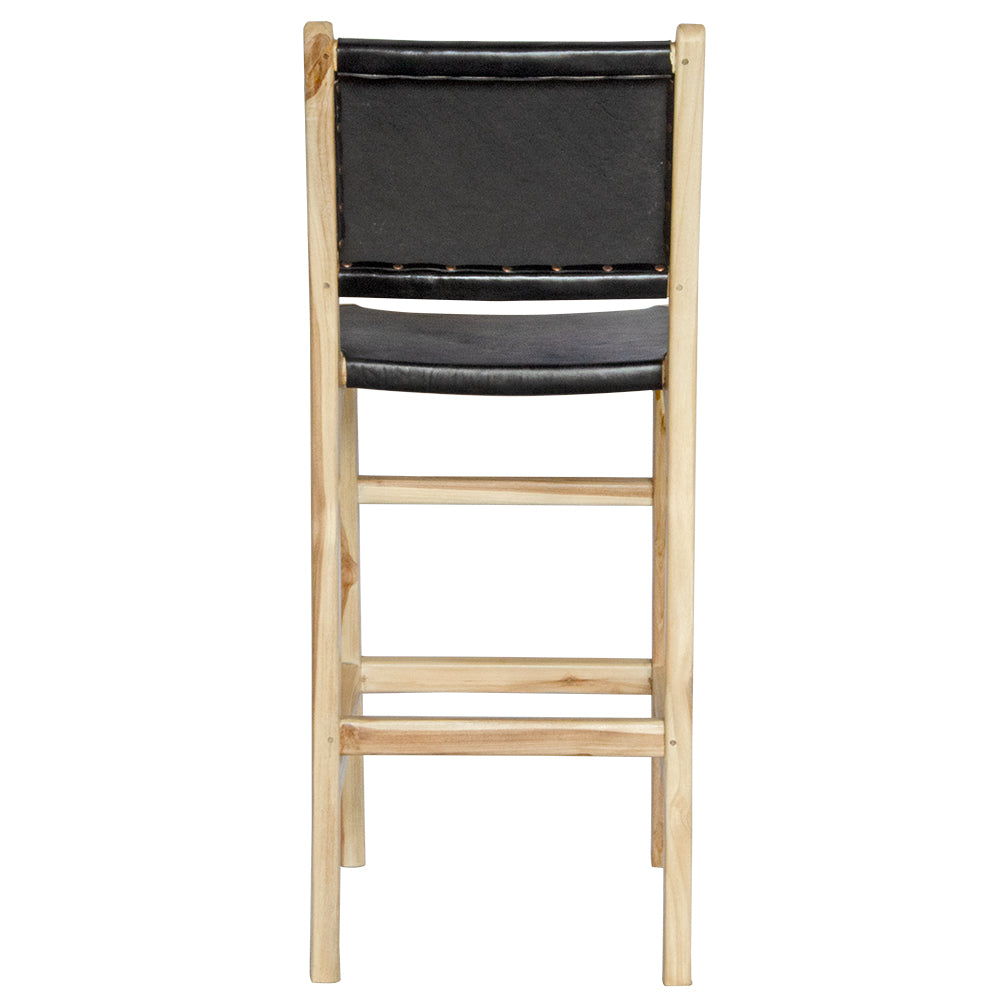 The Columbia with Back - Black Leather barstool features a black leather seat and back with sustainable teak framed legs. Colour natural teak frame with black leather seat and back. Measures 400 wide X 400 depth X 680 Seat height X 1000 Back height. Back Plain.