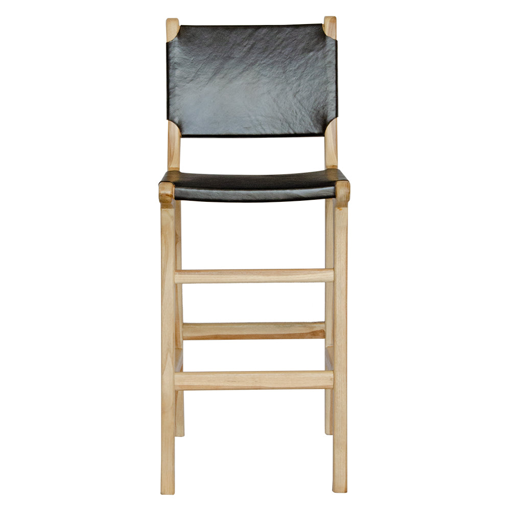 The Columbia with Back - Black Leather barstool features a black leather seat and back with sustainable teak framed legs. Colour natural teak frame with black leather seat and back. Measures 400 wide X 400 depth X 680 Seat height X 1000 Back height. Front Plain.