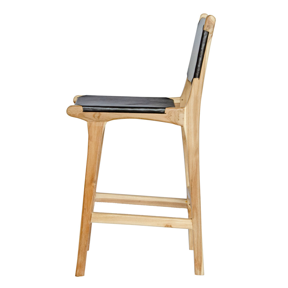 The Columbia with Back - Black Leather barstool features a black leather seat and back with sustainable teak framed legs. Colour natural teak frame with black leather seat and back. Measures 400 wide X 400 depth X 680 Seat height X 1000 Back height. Side Plain.