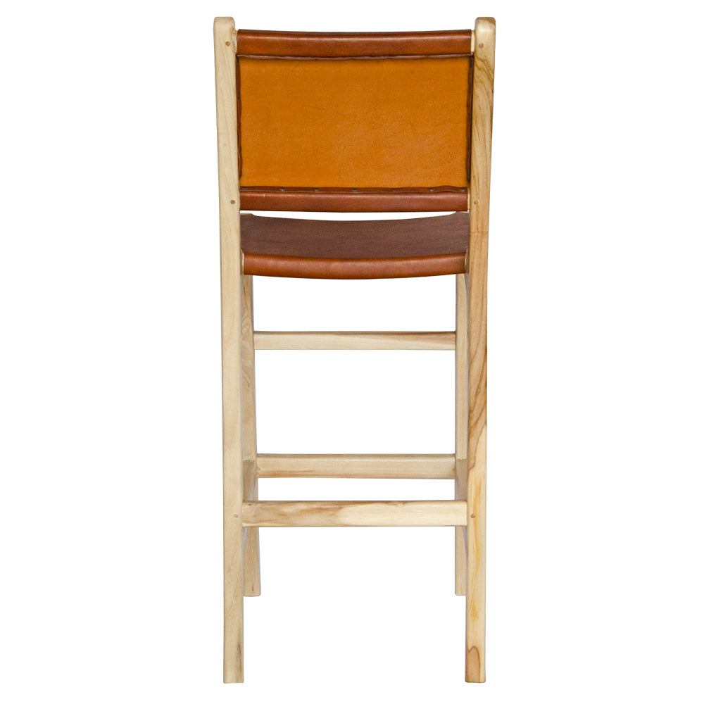 The Columbia with Back - Brown Leather barstool features a black leather seat and back with sustainable teak framed legs. Colour natural teak frame with brown leather seat and back. Measures 400 wide X 400 depth X 680 Seat height X 1000 Back height. Back Plain.