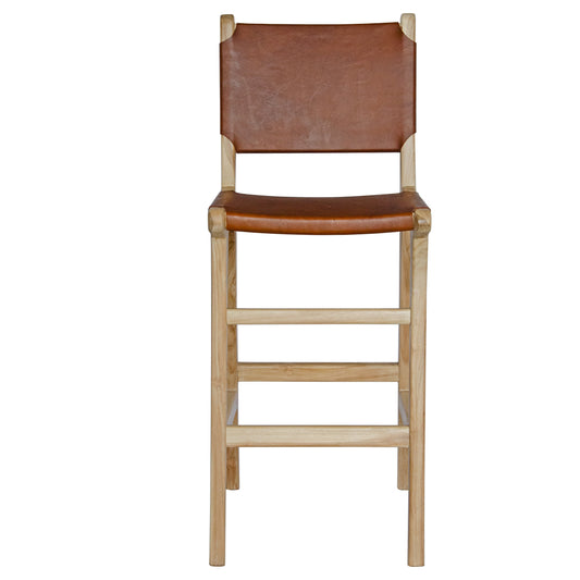 The Columbia with Back - Brown Leather barstool features a black leather seat and back with sustainable teak framed legs. Colour natural teak frame with brown leather seat and back. Measures 400 wide X 400 depth X 680 Seat height X 1000 Back height. Front Plain.