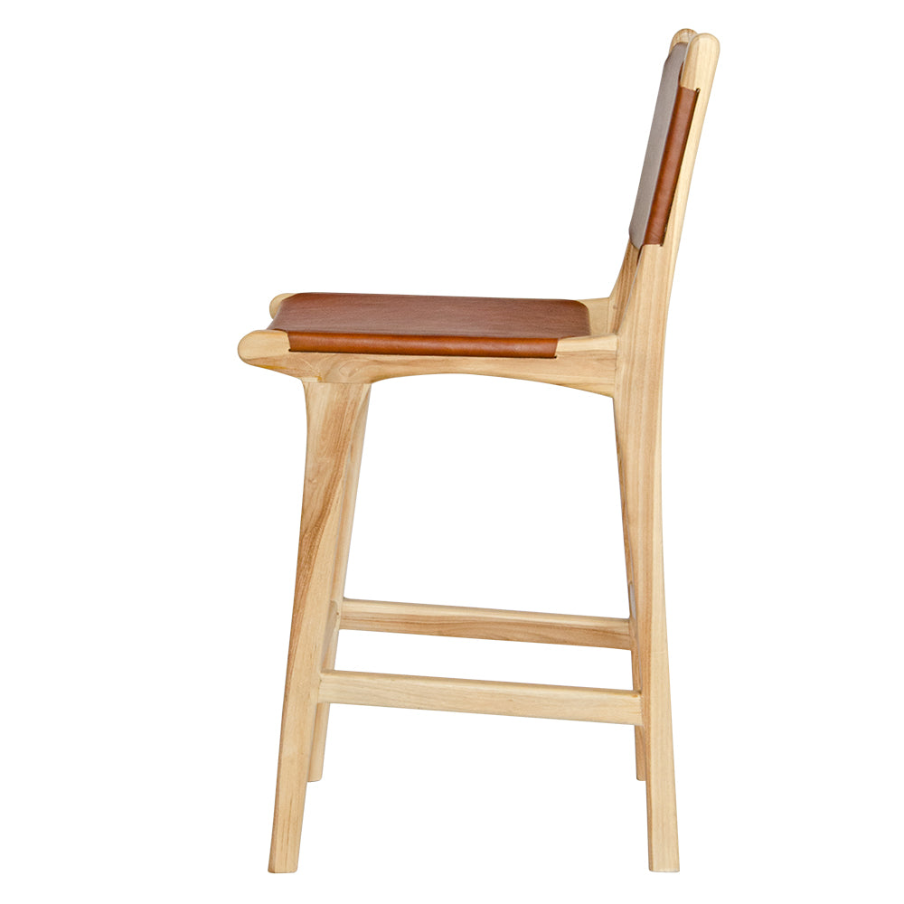 The Columbia with Back - Brown Leather barstool features a black leather seat and back with sustainable teak framed legs. Colour natural teak frame with brown leather seat and back. Measures 400 wide X 400 depth X 680 Seat height X 1000 Back height. Side Plain.