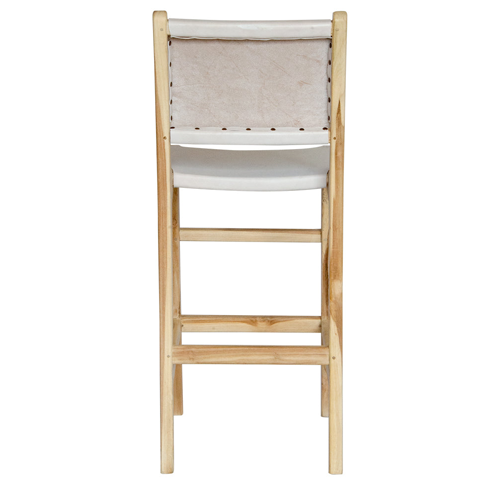 The Columbia with Back - White Leather barstool features a white leather seat and back with sustainable teak framed legs. Colour natural teak frame with white leather seat and back. Measures 400 wide X 400 depth X 680 Seat height X 1000 Back height. Back Plain.