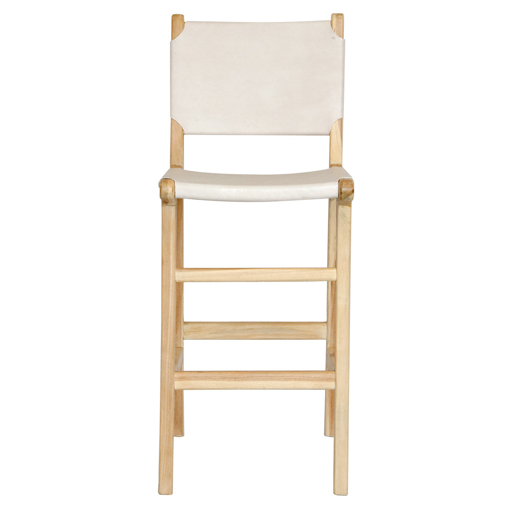 The Columbia with Back - White Leather barstool features a white leather seat and back with sustainable teak framed legs. Colour natural teak frame with white leather seat and back. Measures 400 wide X 400 depth X 680 Seat height X 1000 Back height. Front Plain.