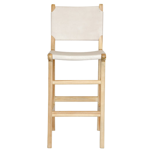 The Columbia with Back - White Leather barstool features a white leather seat and back with sustainable teak framed legs. Colour natural teak frame with white leather seat and back. Measures 400 wide X 400 depth X 680 Seat height X 1000 Back height. Front Plain.
