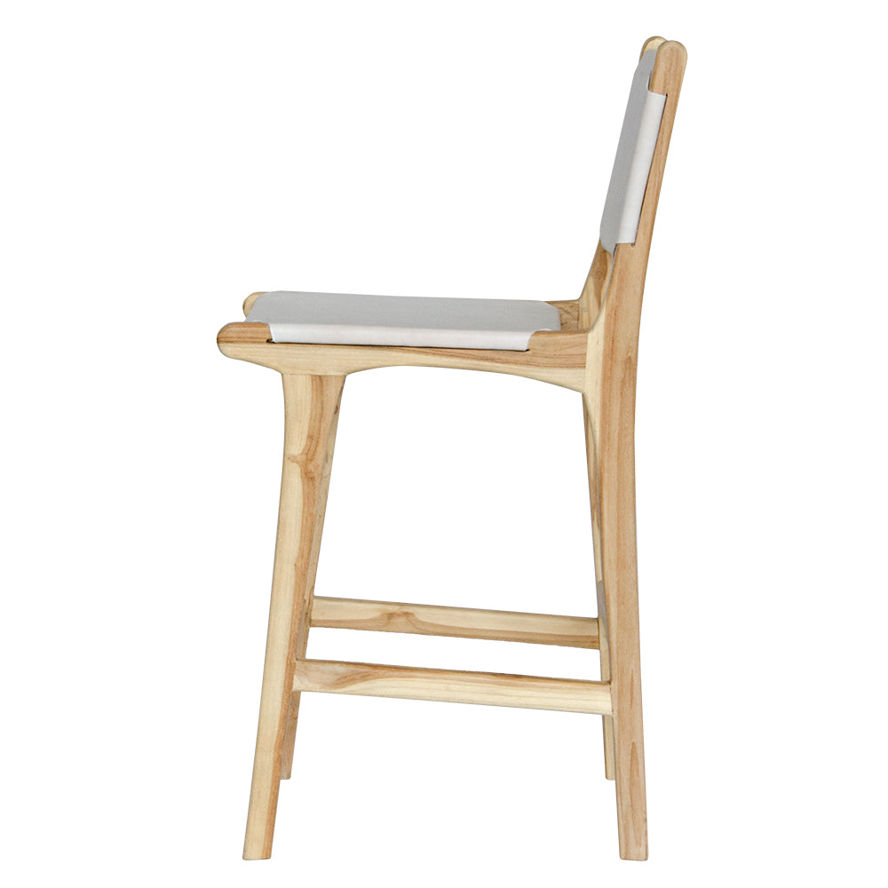 The Columbia with Back - White Leather barstool features a white leather seat and back with sustainable teak framed legs. Colour natural teak frame with white leather seat and back. Measures 400 wide X 400 depth X 680 Seat height X 1000 Back height. Side Plain.